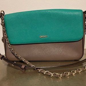 Teal and grey DKNY crossbody approximately 11x9x3